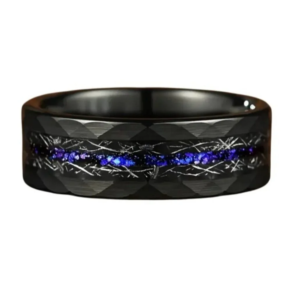 Tungsten Steel Matte Black  Hammered 8MM Double Beveled men's wedding ring